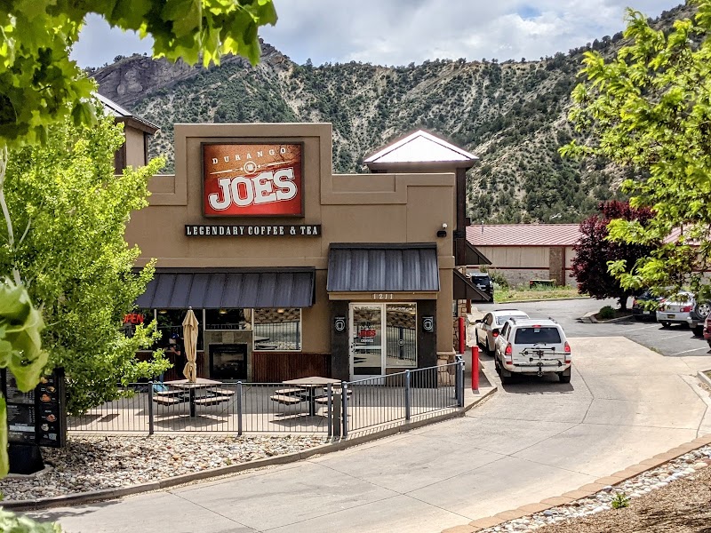 Durango Joe's Coffee drive-thru with mountains behind, north Durango