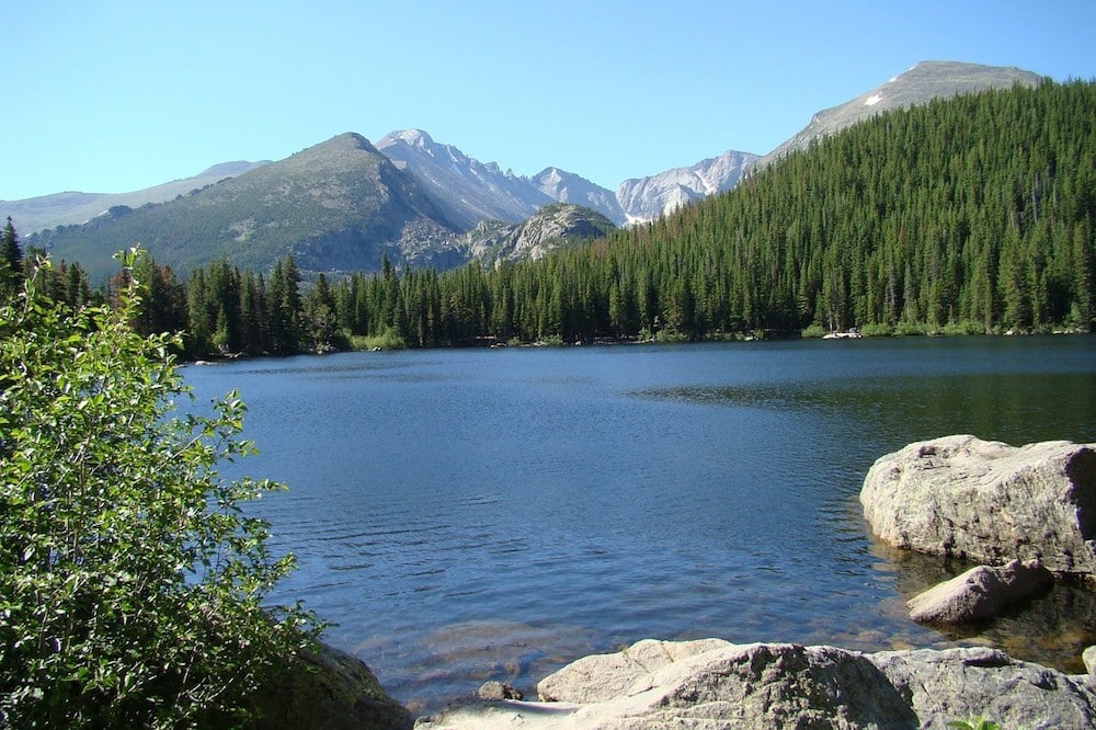 Vallecito Lake shoreline with pines and mountains, Colorado